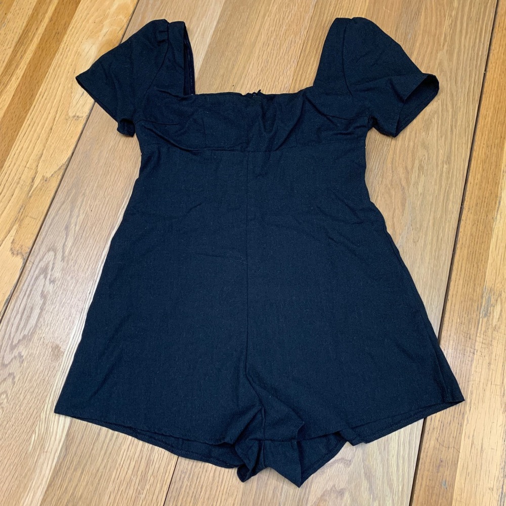 Princess‎ Polly Black Linen Blend Square Neck Puff Sleeve Romper Size US 4